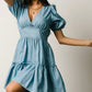 V Neck Bubble Sleeve Ruffle Flared Mini Dress