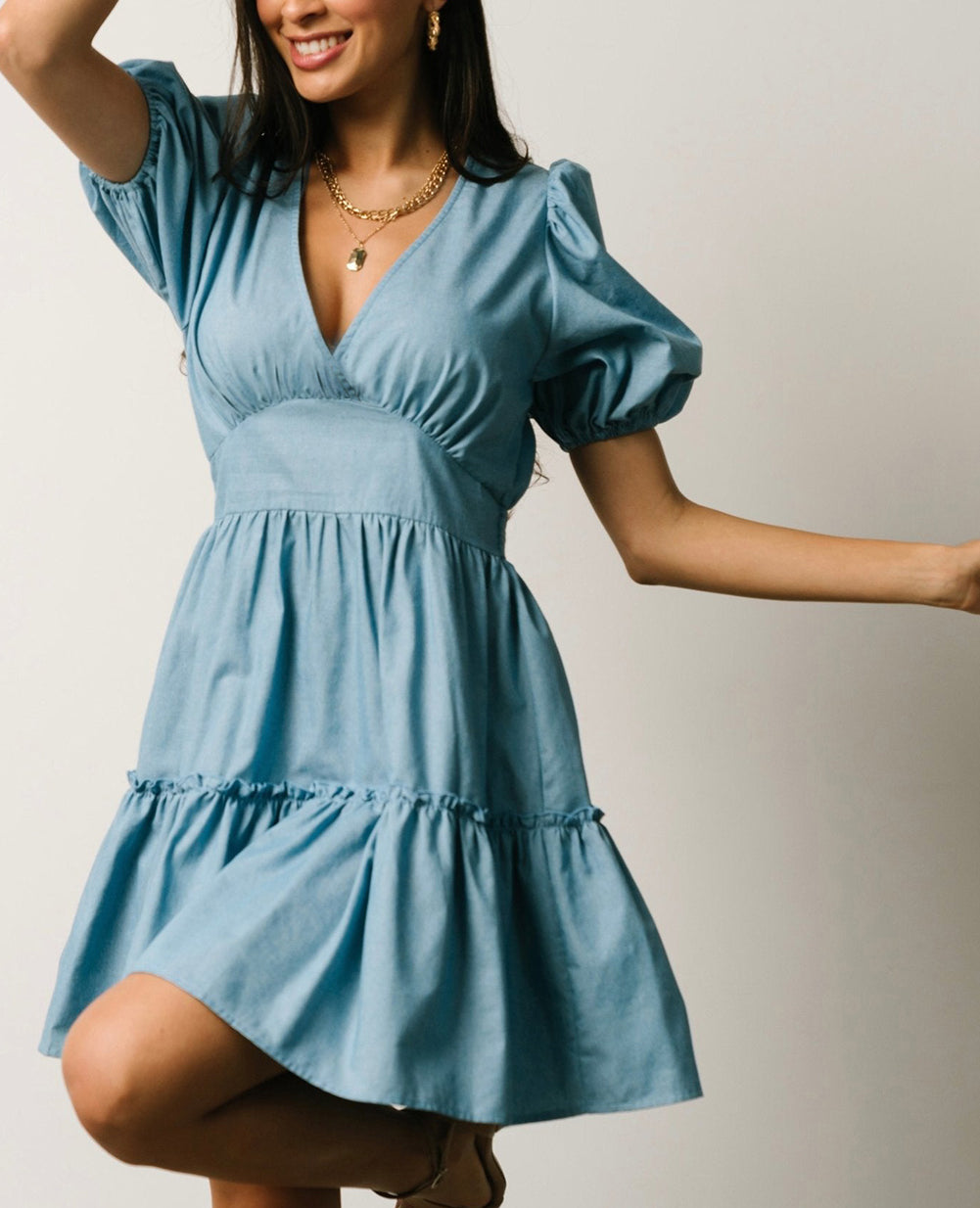 V Neck Bubble Sleeve Ruffle Flared Mini Dress