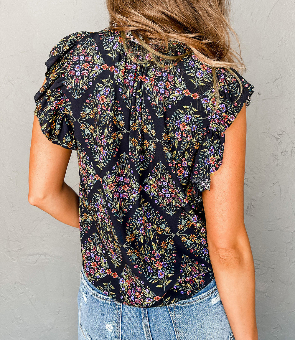 Vintage Floral Ruffle Sleeve V Neck Blouse