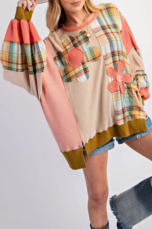 Waffle Knit Plaid Patchwork Side Slits Loose Sweatshirt