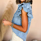 Button Front Ruffled Flutter Frayed Denim Top