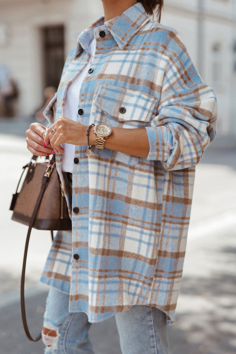 Blue Plaid Flap Pocket Long Sleeve Shacket