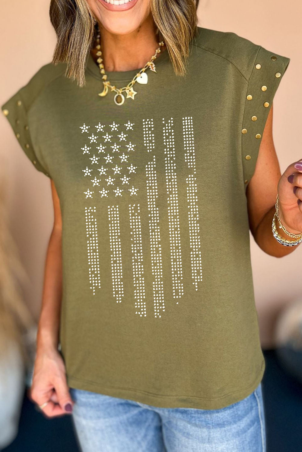 Rhinestone Stars Stripes Graphic Studded Sleeve Tee