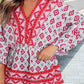 Geometric Print 3/4 Sleeve V-Neck Shirred Waist Flared Blouse