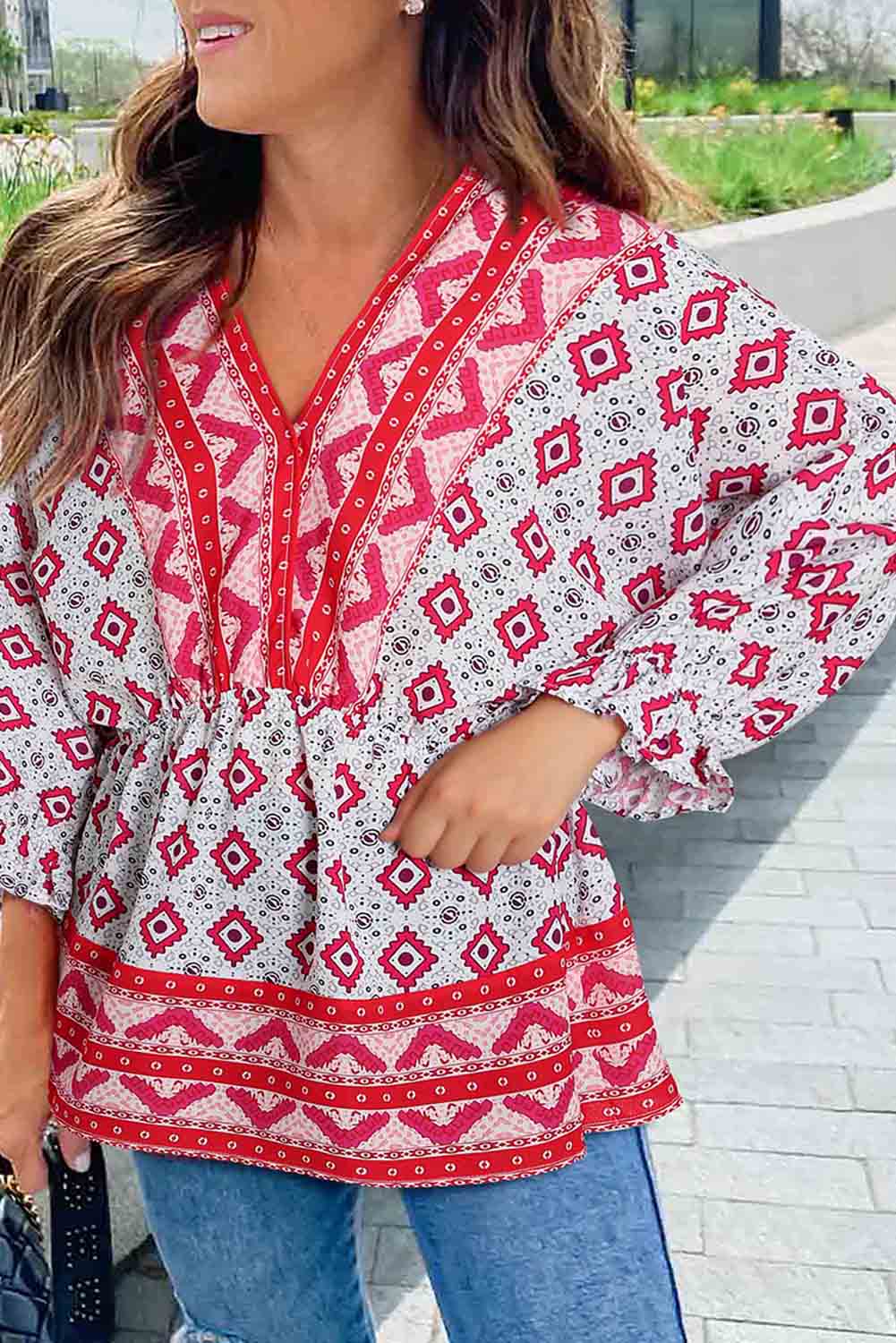 Geometric Print 3/4 Sleeve V-Neck Shirred Waist Flared Blouse