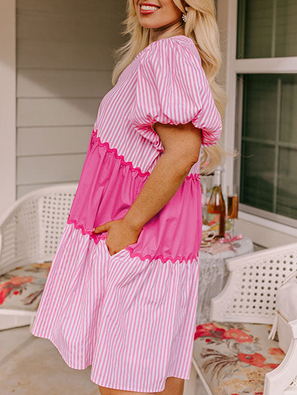 Puff Short Sleeve Flowy Plus Dress