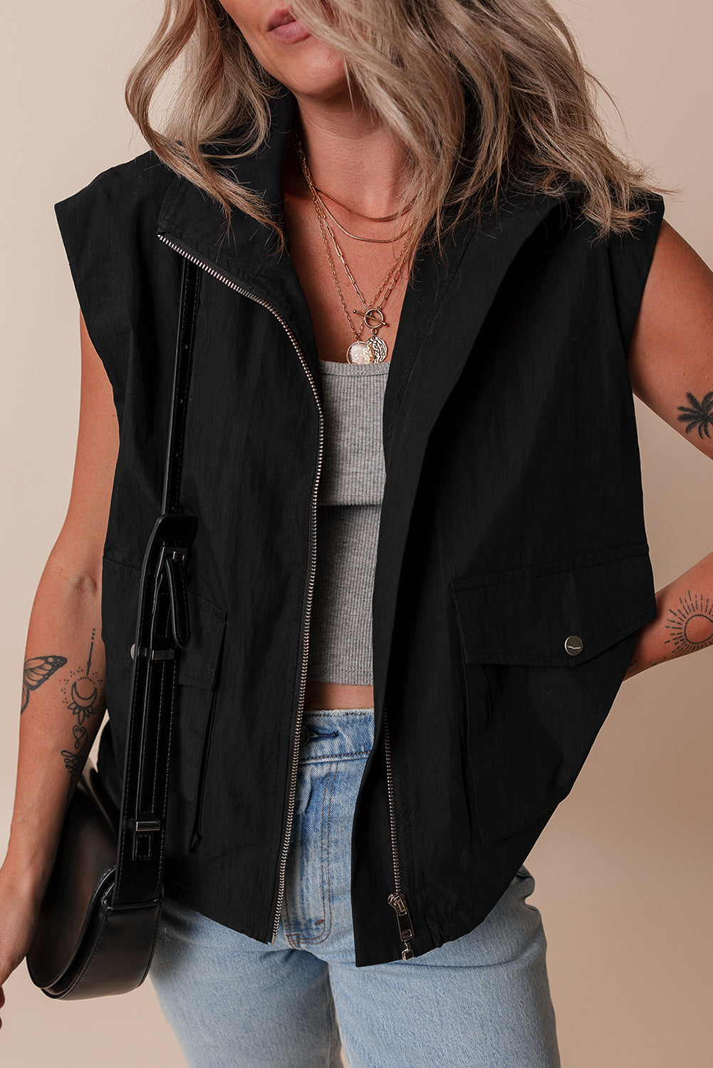 Flap Pockets Zip Up High Neck Vest