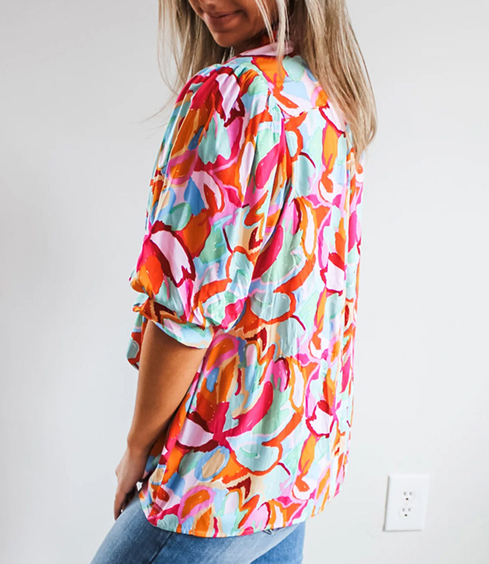 Abstract Print Drawstring V Neck Half Sleeve Blouse