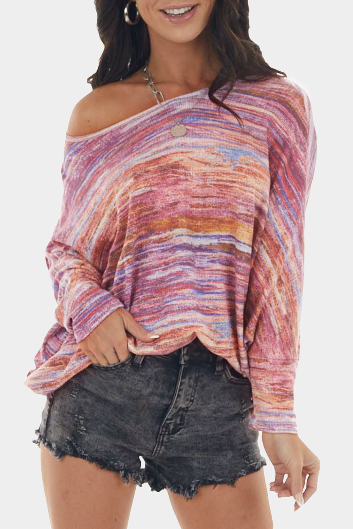 Tie-dyed Boat Neck Dolman Sleeve Knit Top