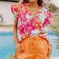 Flutter Sleeve V Neck Floral Print Shift Blouse