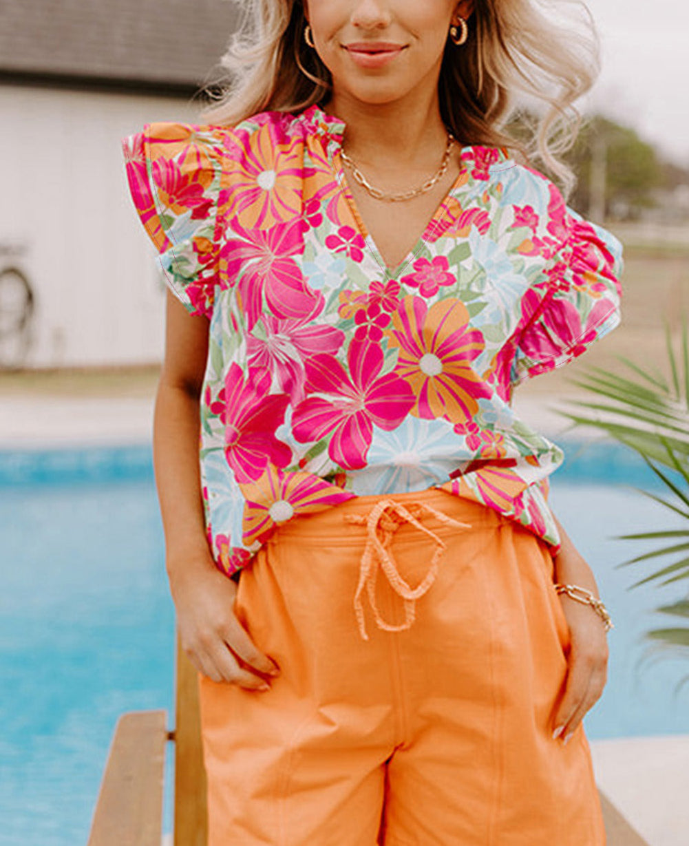 Flutter Sleeve V Neck Floral Print Shift Blouse
