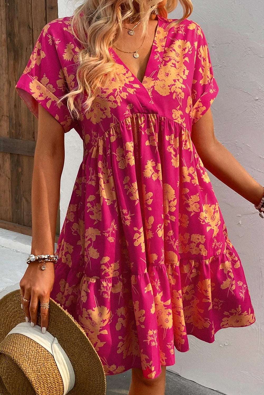 Floral Print Batwing Sleeve Smock Dress