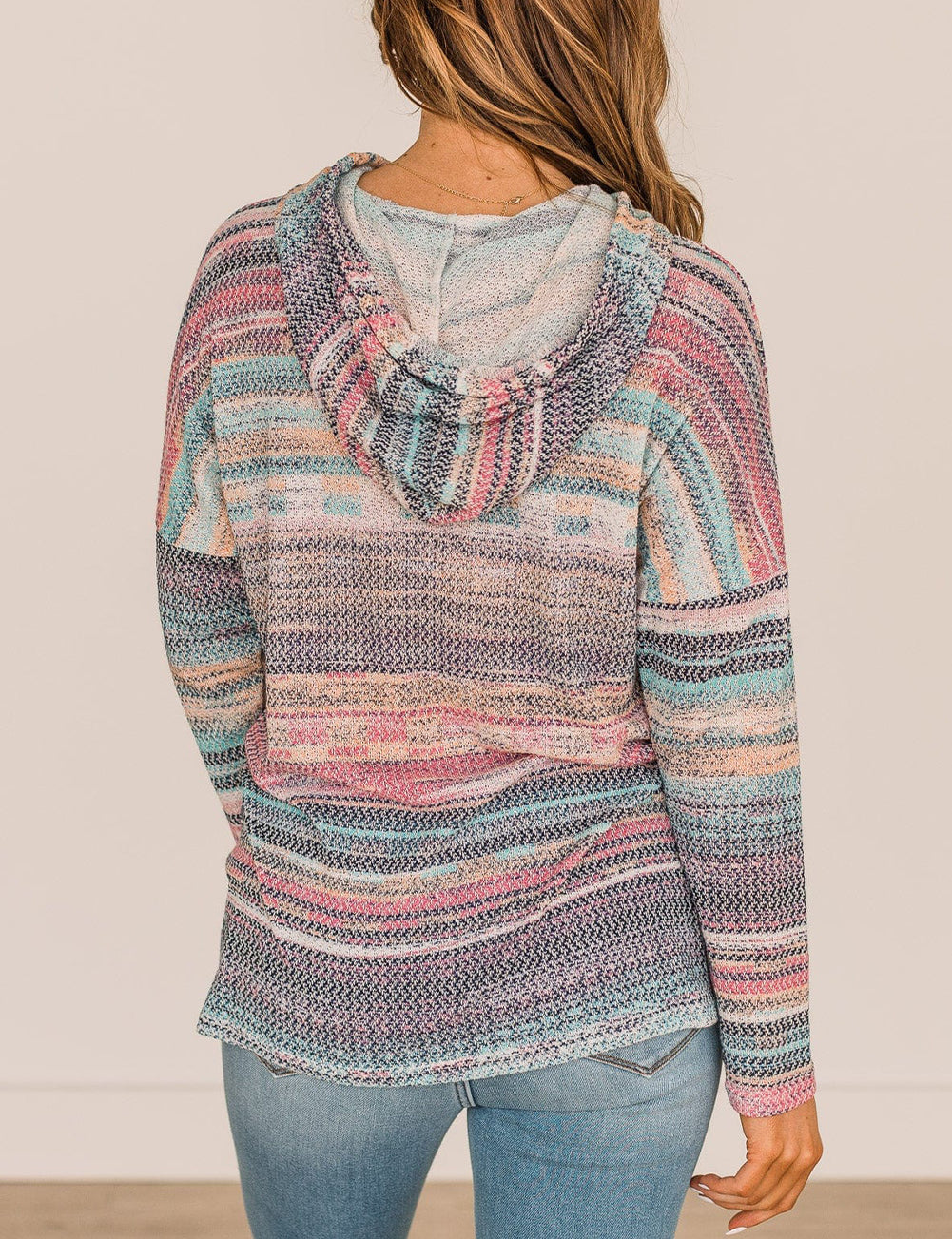 Striped Print Cable Knit Drop Shoulder Hoodie