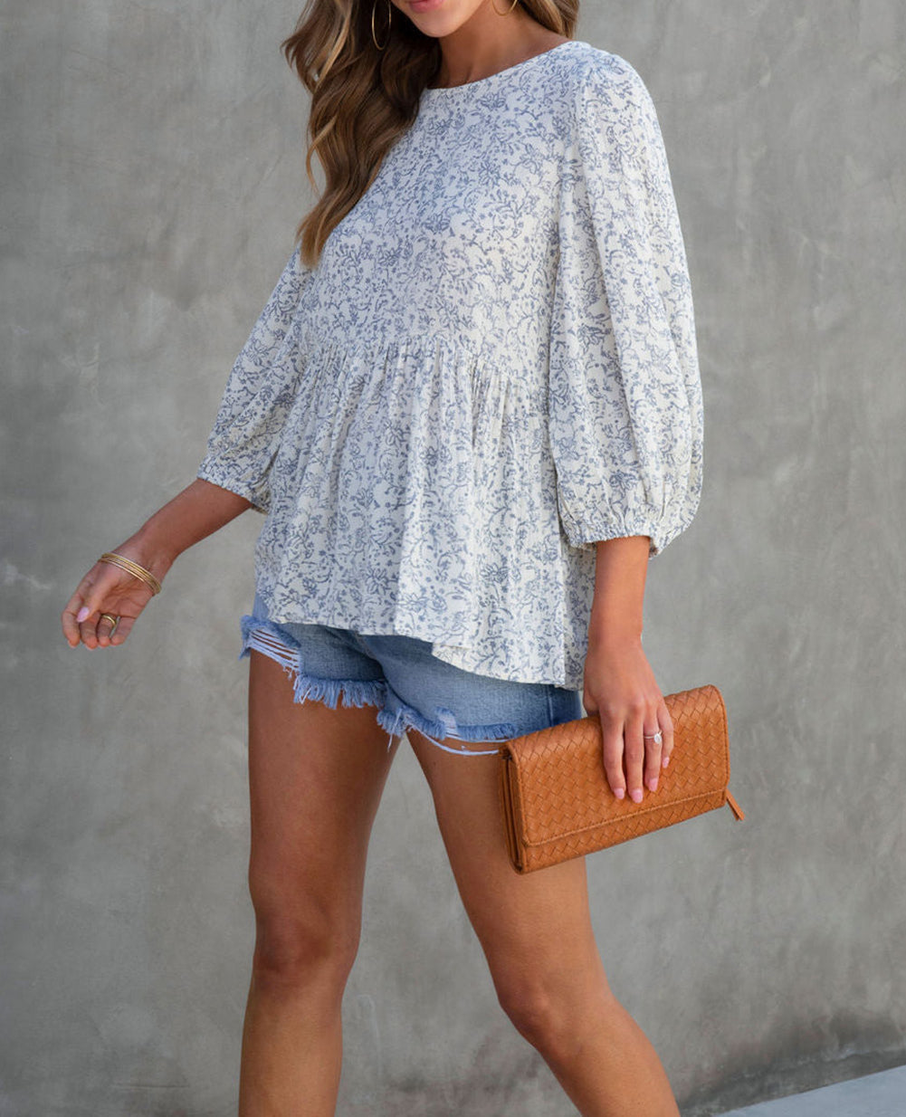 Retro Floral Printed 3/4 Puff Sleeve Blouse