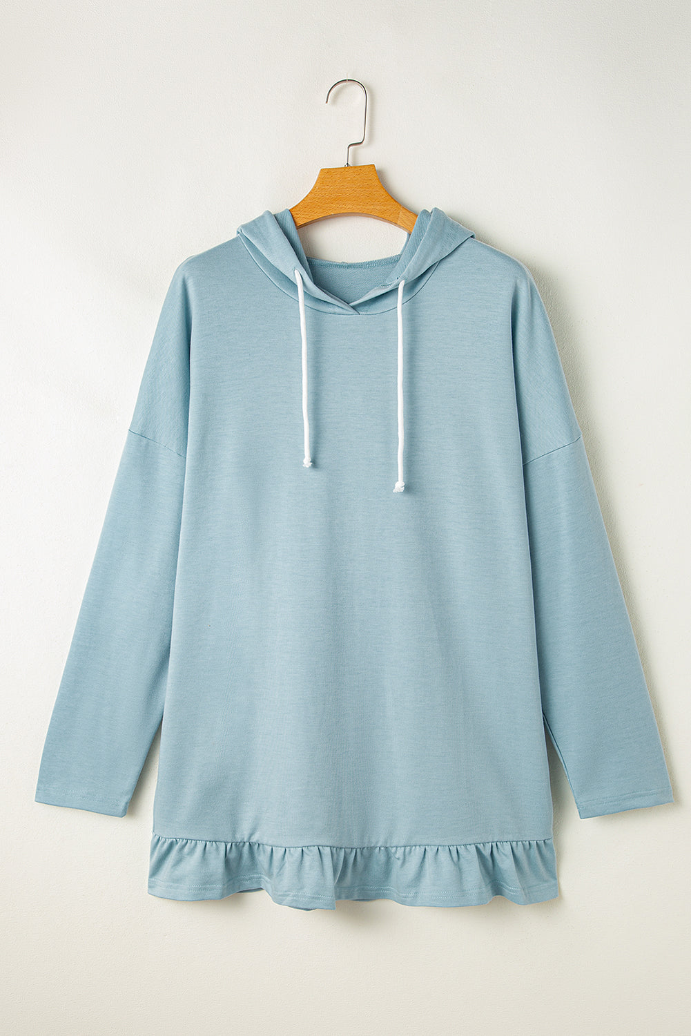 Solid Ruffled Hem Loose Fit Tunic Hoodie