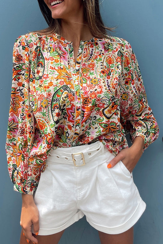 Floral Print Lace Splicing Button up Puff Sleeve Shirt
