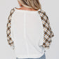 Plaid Patch Waffle Knit Exposed Seam Bubble Sleeve Top