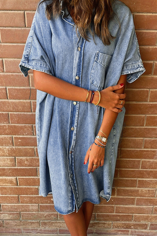 Loose Medium Wash Short Sleeve Shirt Chambray Dress