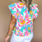 Abstract Print Notched Neck Flutter Sleeve Blouse