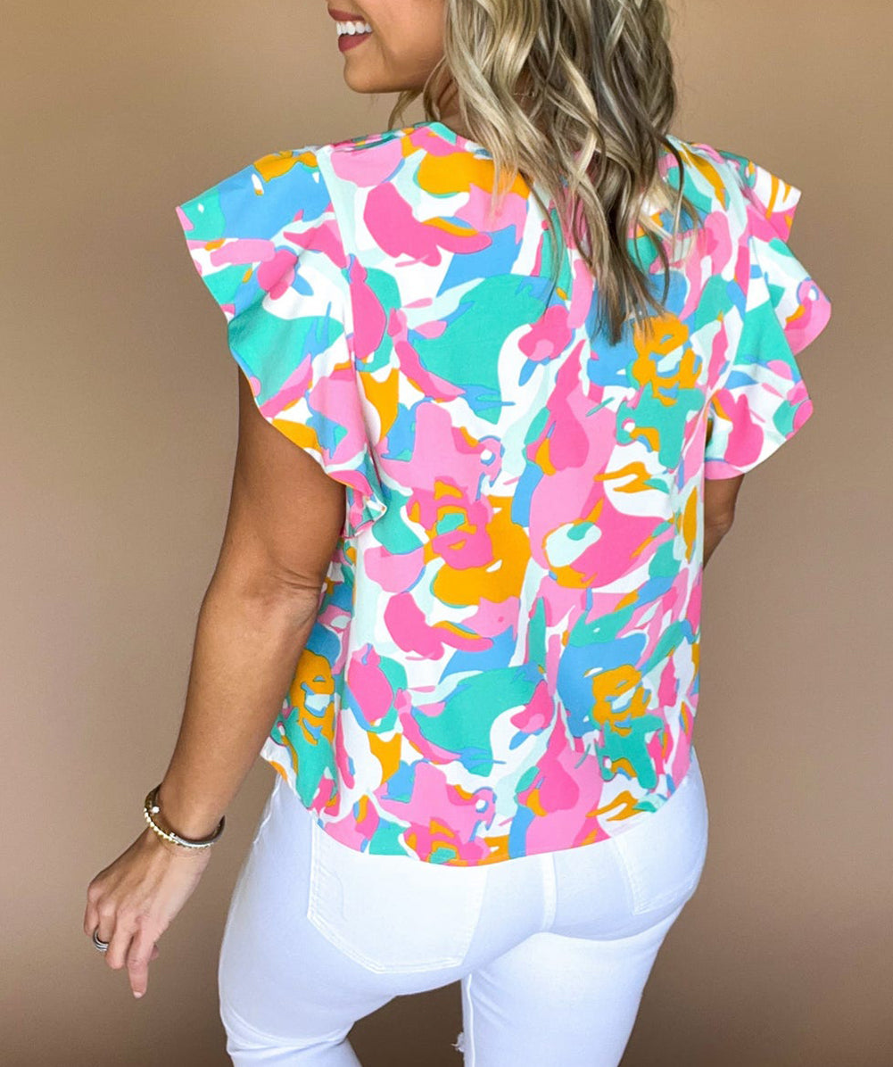 Abstract Print Notched Neck Flutter Sleeve Blouse