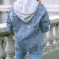 Rhinestone Fringed Pocket Buttoned Hooded Denim Jacket