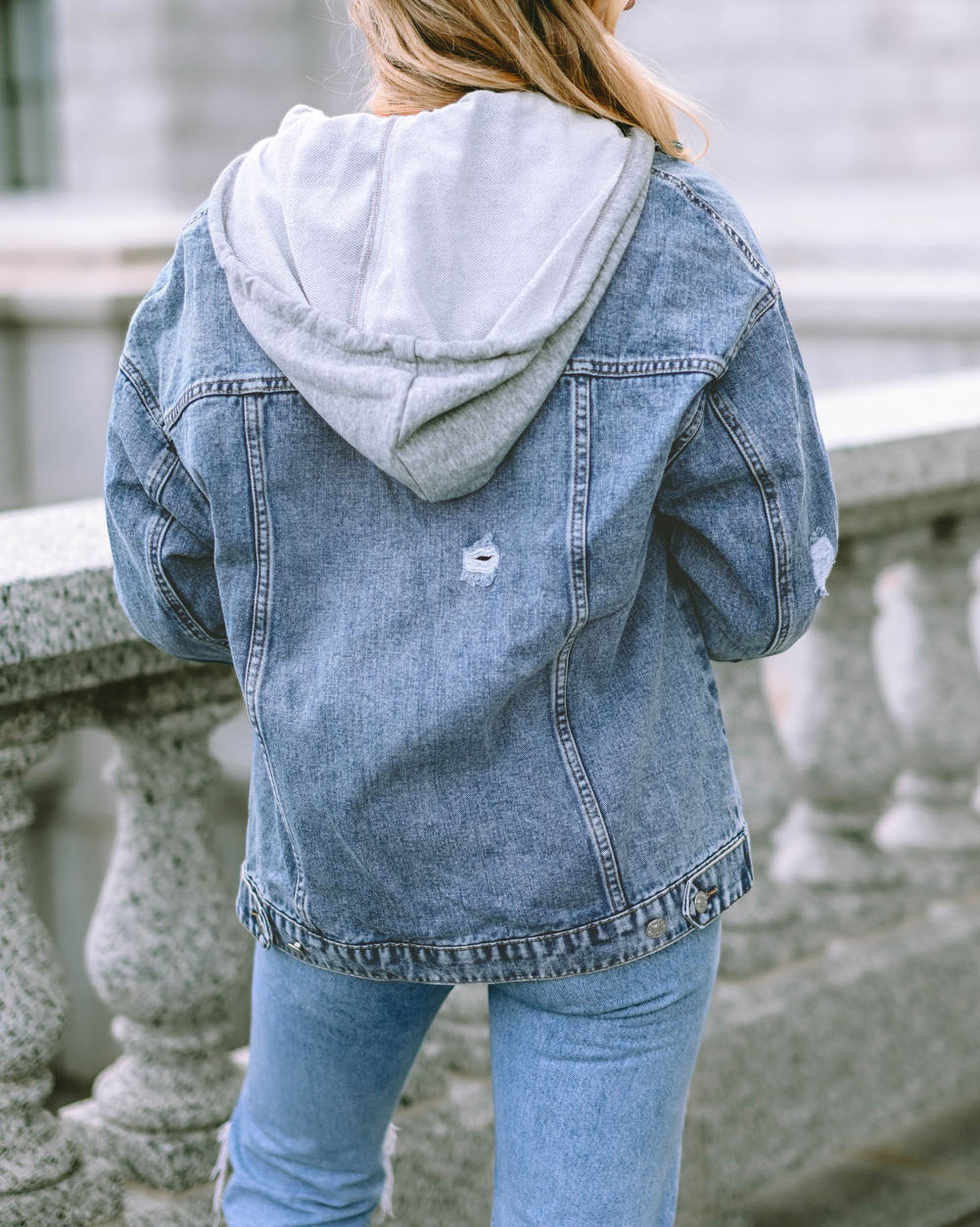 Rhinestone Fringed Pocket Buttoned Hooded Denim Jacket