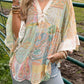 Paisley Print Bell Sleeve Lace V-Neck Button Sheer Blouse