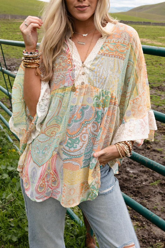 Paisley Print Bell Sleeve Lace V-Neck Button Sheer Blouse