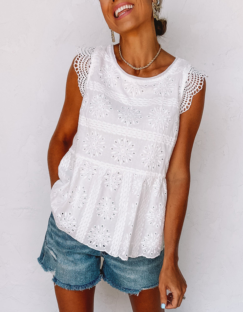 Contrast Lace Cut-out Flutter Sleeve Blouse