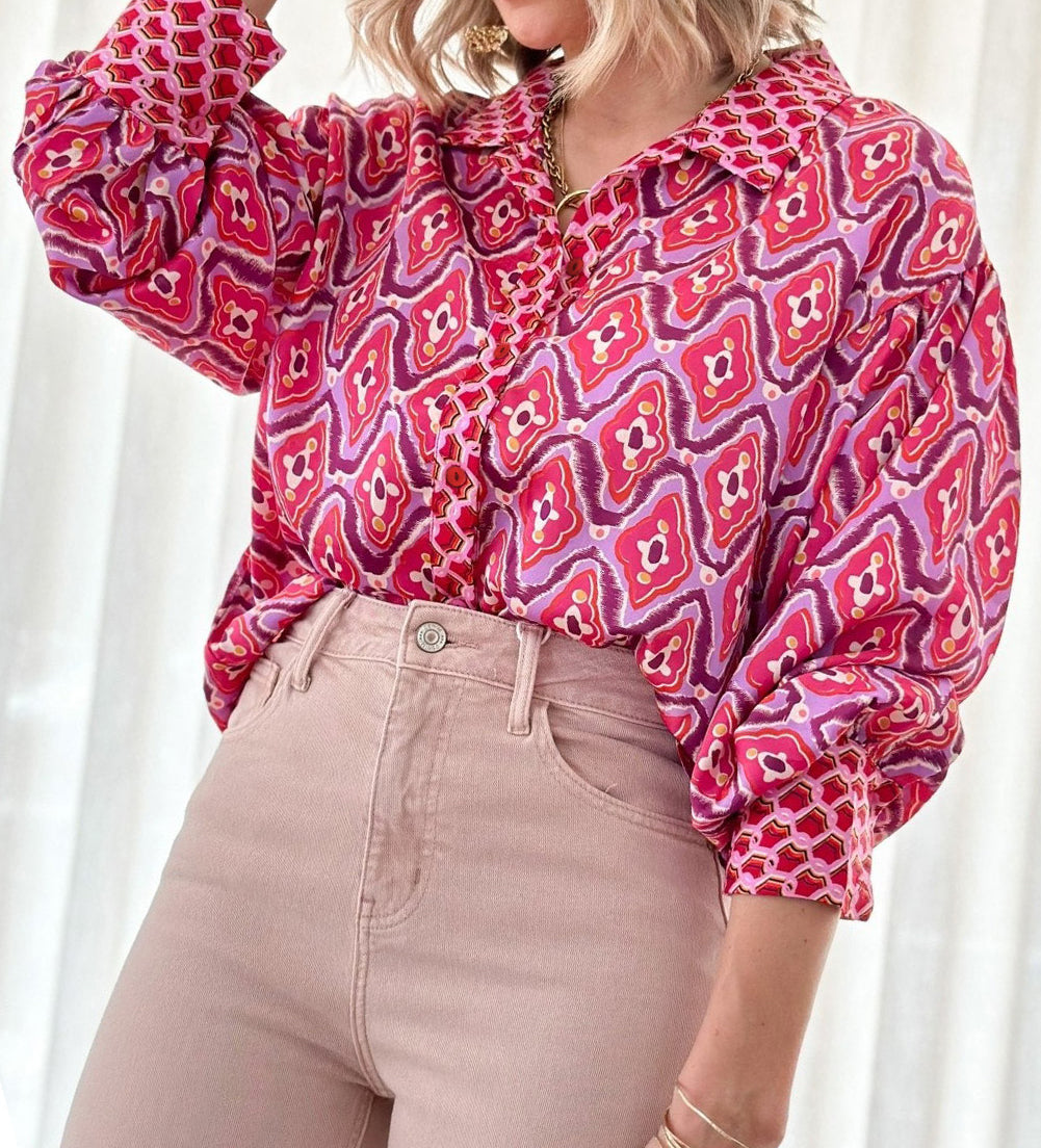 Abstract Print Button Up Long Sleeve Shirt