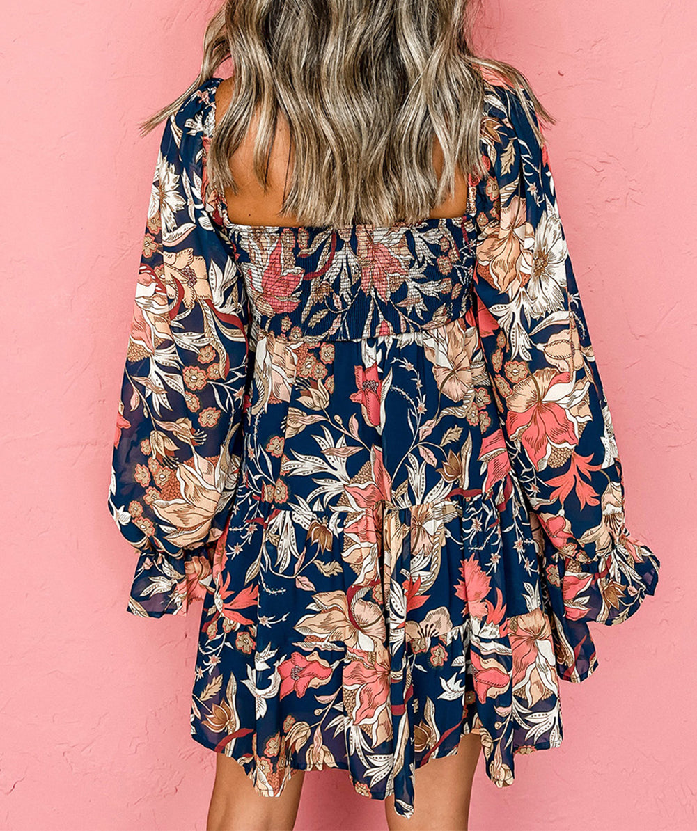 Floral Flounce Sleeve Smocked Ruffled Plus Size Dress