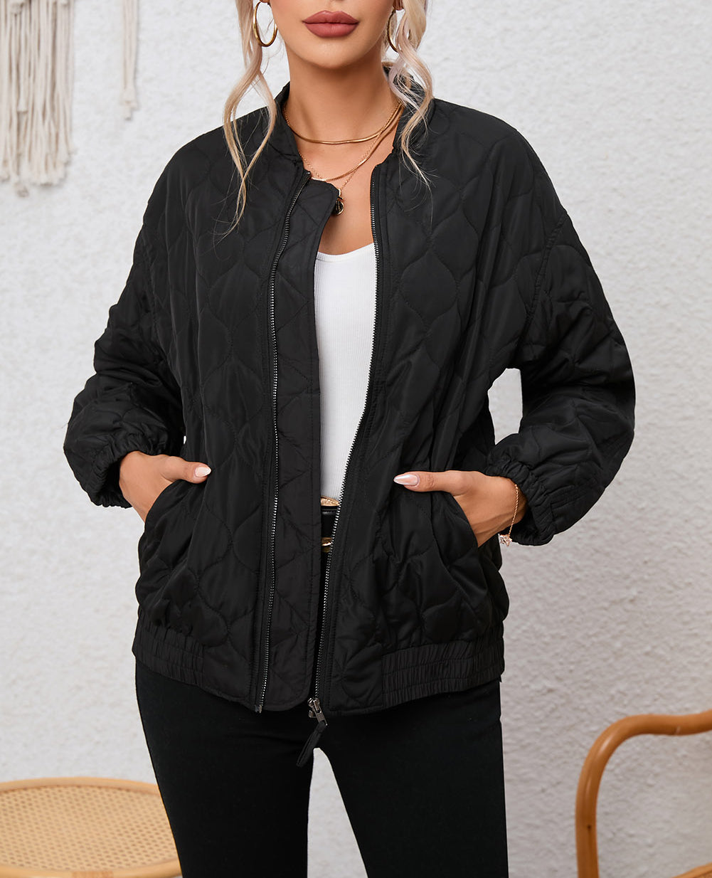 Solid Color Quilted Zip Up Puffer Jacket