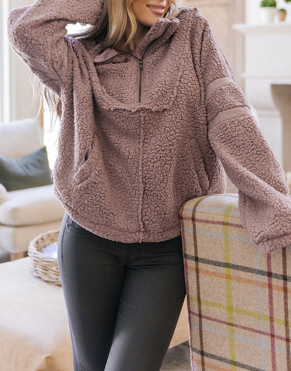 Pink Collared Neckline Half Zip Fluffy Pullover Sweatshirt