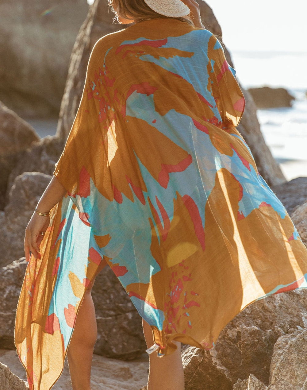Abstract Print Open Front Kimono with Slits