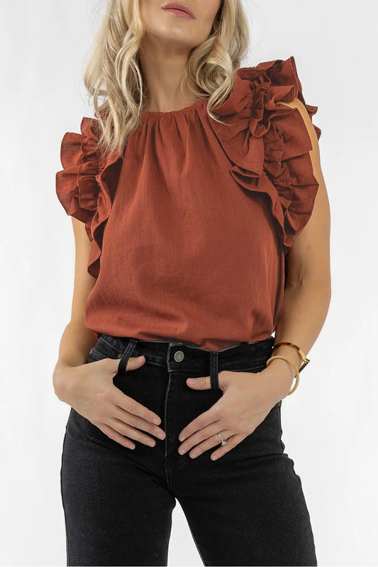 Sandalwood Ruffle Trim Sleeveless Blouse