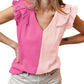 Textured Color Block Tiered Ruffled Sleeve Blouse