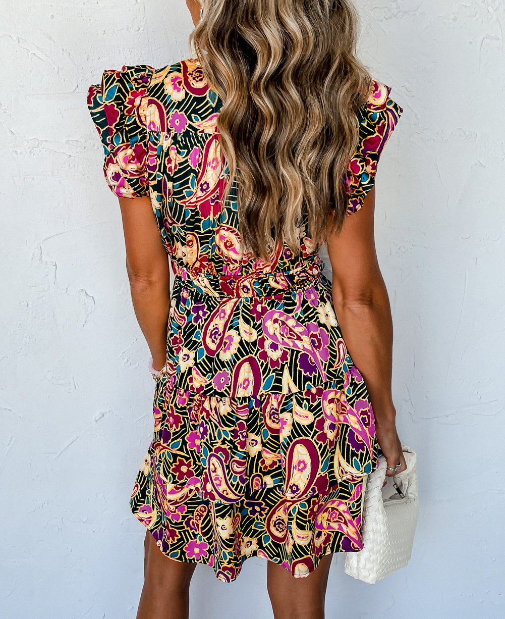 Paisley Print Flutter Sleeve Tiered Ruffle Dress