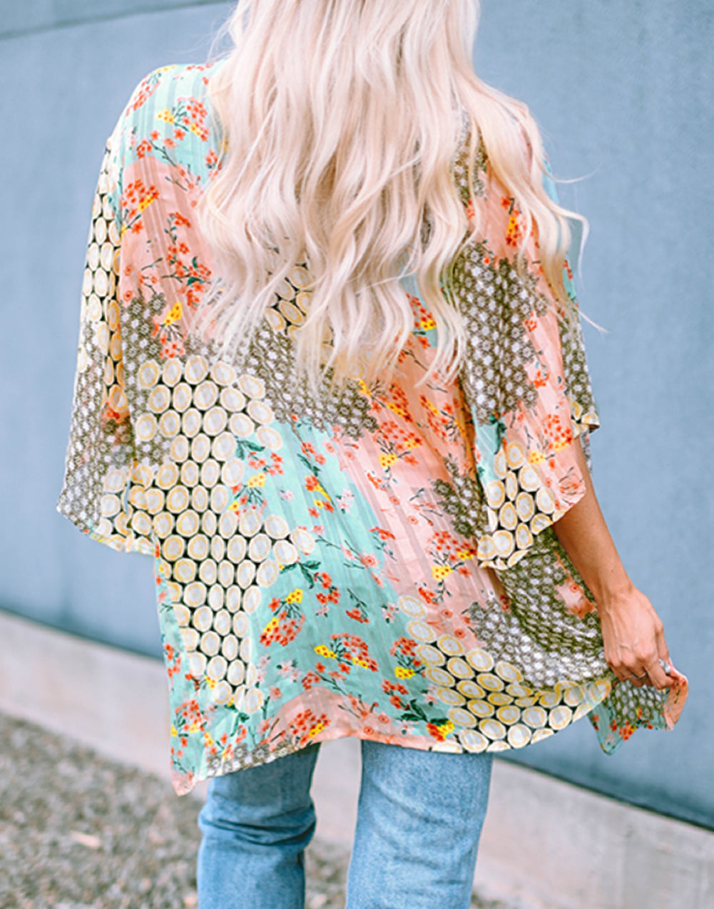 Floral Mixed Print Open Front Plus Kimono