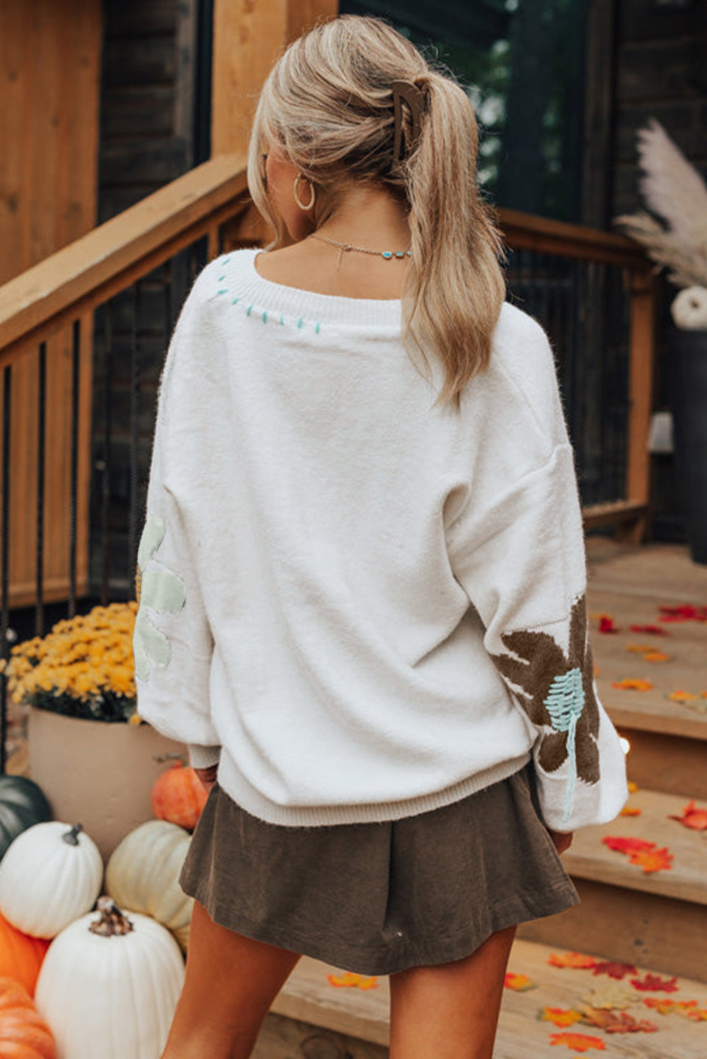 Big Flower Pattern V Neck Drop Shoulder Sweater