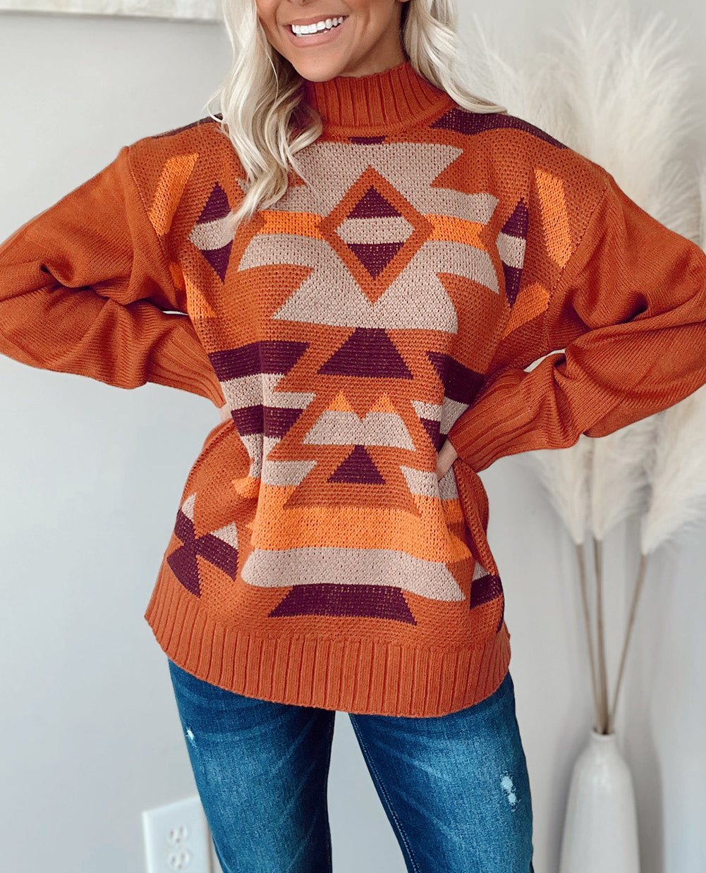 Aztec Knitted High Neck Drop Shoulder Sweater