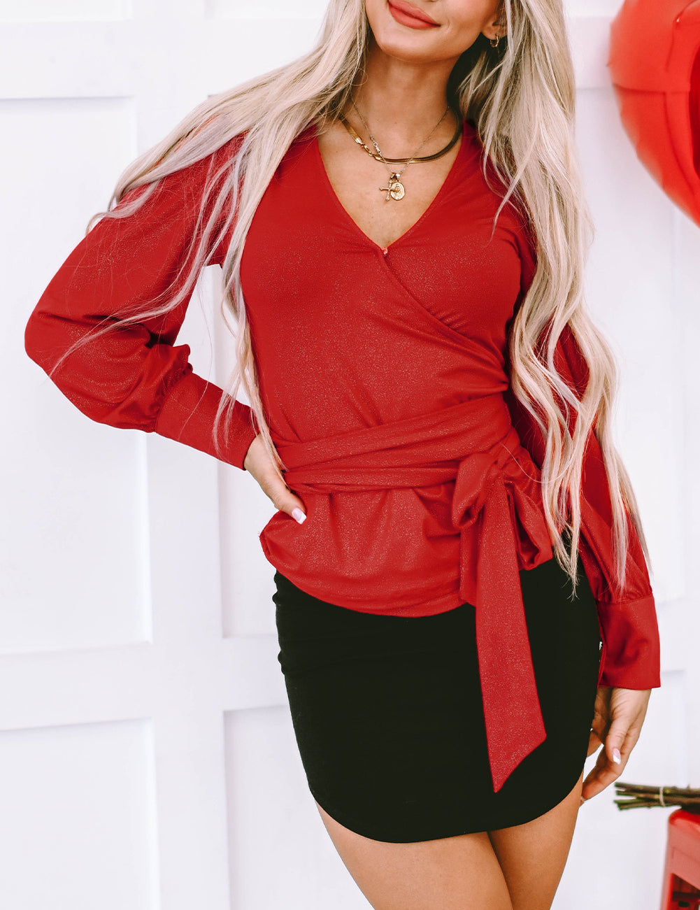 Glitter Wrap V Neck Tie Hem Puff Sleeve Blouse