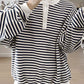Stripe Color Block Buttoned Crew Neck Oversized Sweatshirt