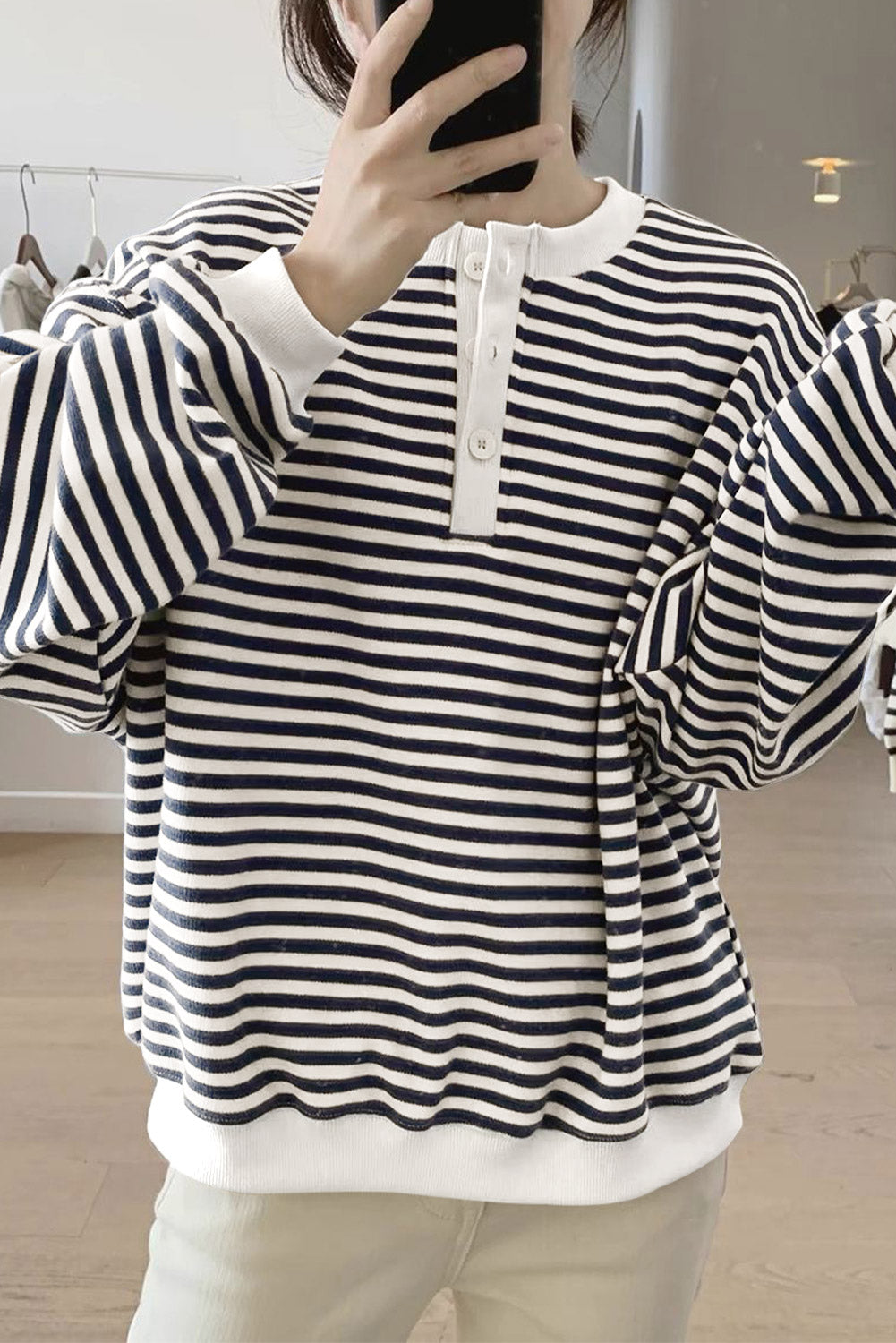 Stripe Color Block Buttoned Crew Neck Oversized Sweatshirt