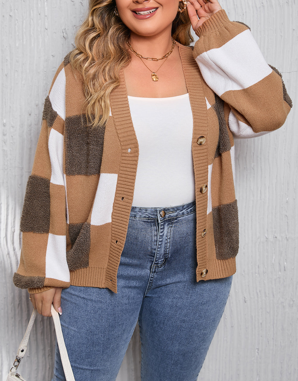 Checkered Knit Ribbed Trim Buttoned Plus Cardigan
