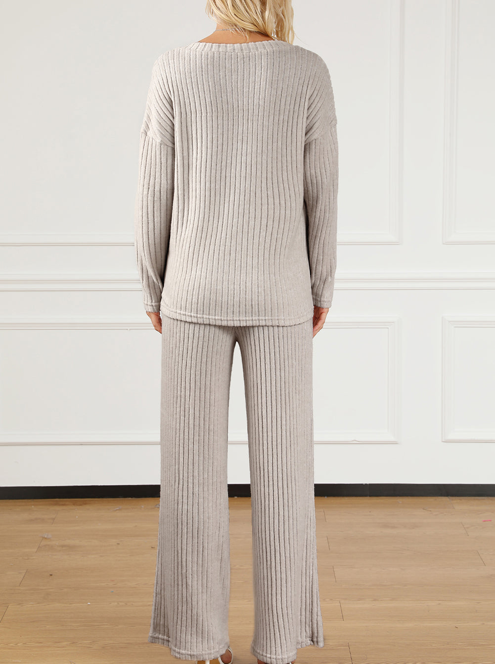 Ribbed Knit V Neck Slouchy Two-piece Outfit