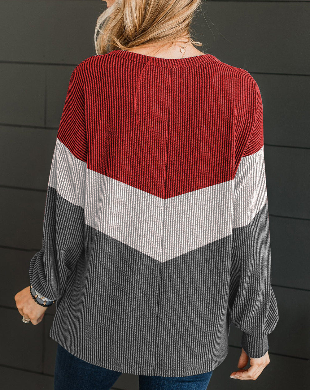 Color Block Corded Texture Long Sleeve Top