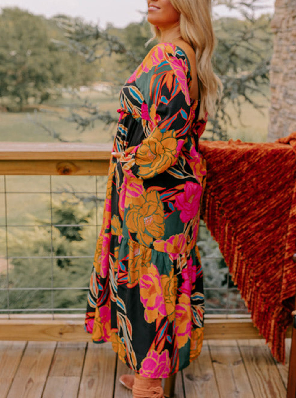 Floral Print Square Neck High Waist Plus Size Dress