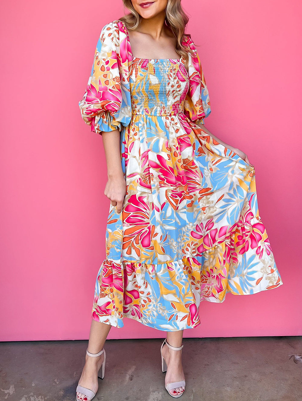Tropical Print Smocked Bodice Puff Sleeve Maxi Dress