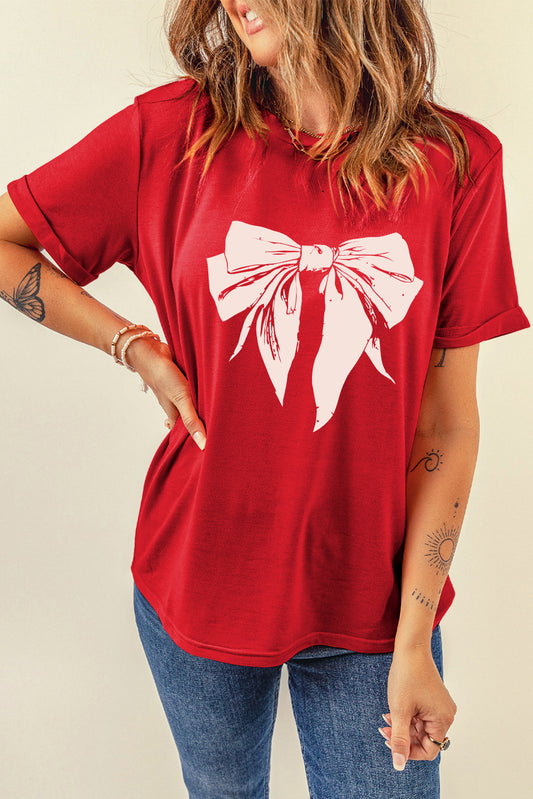 Cute Bow Knot Print Crew Neck T Shirt