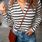 Stripe Collared V Neck Lightweight Knit Casual Sweater
